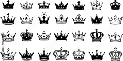 Hand-Drawn Crown Icons Set. Black and white vector illustrations of various royal, king, queen, and prince crowns in a doodle style. Collection of regal headwear symbols.