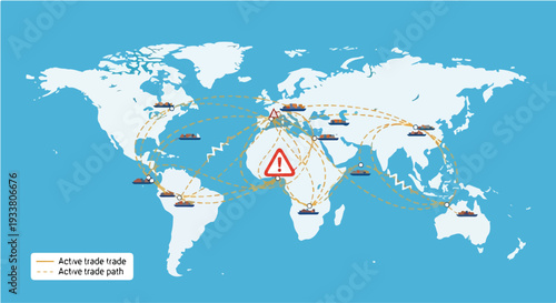 A world map illustrating global trade routes with a warning symbol over Africa, indicating supply chain disruption.