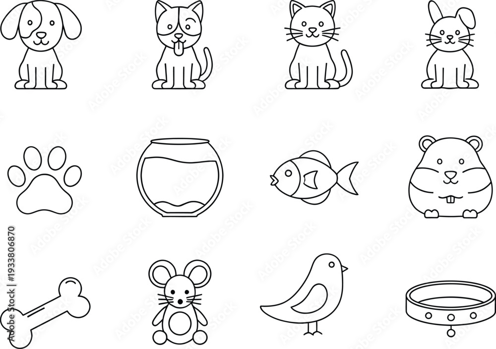 Obraz premium Set of minimalist pet icons including dog cat rabbit fish hamster and bird in line art style