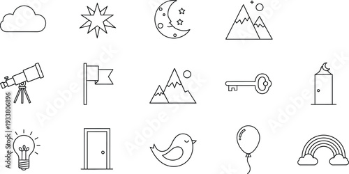 Collection of minimalist black and white line icons representing nature and common household items