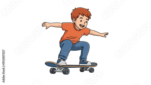 Energetic young boy with red hair skillfully balances on a blue skateboard while riding fast against a plain white background.