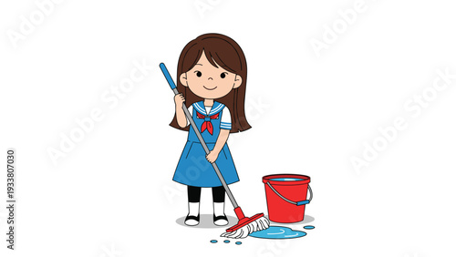 Young girl in a blue school uniform mopping a puddle of blue water on the floor with a red bucket filled with water nearby.