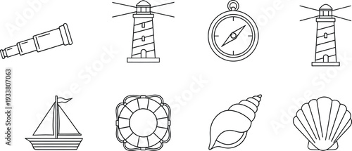 Collection of nautical line icons featuring a lighthouse, compass, telescope, and shells
