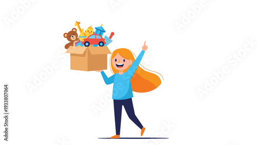Cheerful young girl with long orange hair carries a cardboard box filled with various colorful toys on white background.