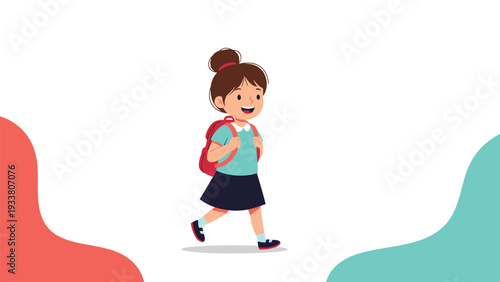 Little schoolgirl with a bun hairstyle and red backpack walks happily towards school in a simple vector illustration.