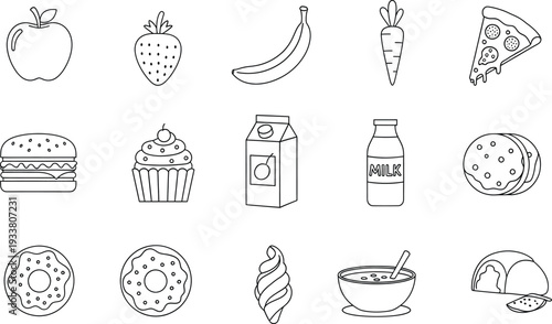 Collection of fifteen minimalist food and drink line icons featuring fruits, snacks, and dairy.