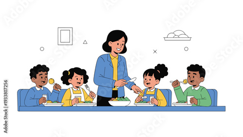 Friendly school teacher serves a healthy meal to four young diverse students sitting at a long cafeteria table.