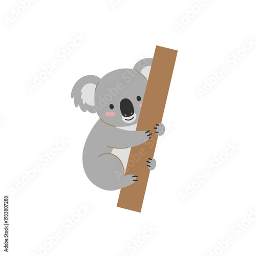 Cartoon Koala Clinging to a Brown Branch with Tiny Black Claws.