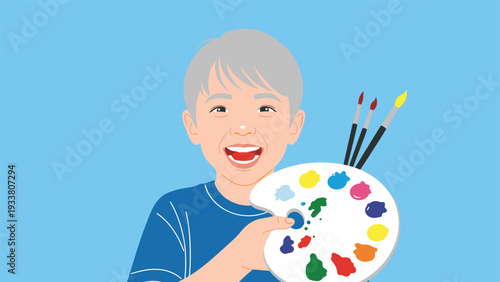 Excited young boy with grey hair holds a colorful artist palette and brushes while smiling against a blue background.