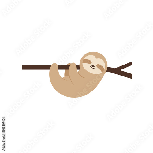 Cartoon Sloth Hanging Upside Down on a Brown Branch with Closed Eyes.