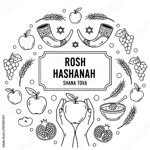 Jewish New Year celebration circular frame. Composition featuring hands holding an apple, honey bowl, pomegranates, grapes, wheat, and shofar horns for Shana Tova greeting card.