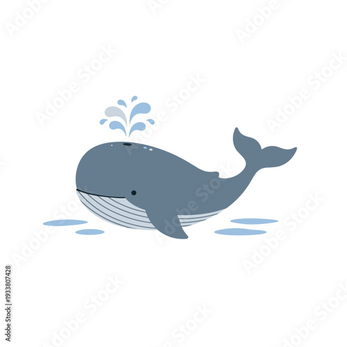 Cartoon Blue Whale Spouting Water in Simple Flat Illustration.