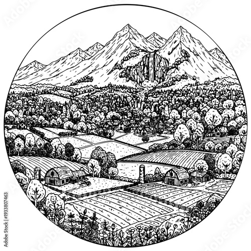 A detailed black ink drawing of a rural scene in a circular frame. Composition featuring high mountains, waterfall, forest, farm houses, barn, and cultivated fields in engraving style.