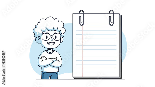Young boy with glasses and curly hair stands confidently with arms crossed next to a large blank lined notebook.