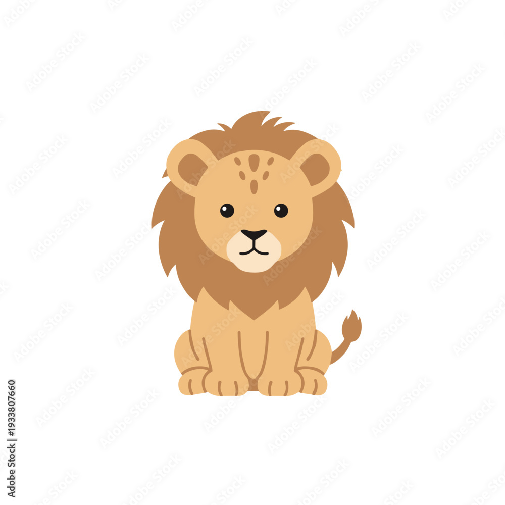 Fototapeta premium Adorable Cartoon Lion Sitting Upright with Detailed Mane and Tail.