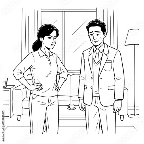 A dramatic black ink drawing of a domestic dispute. Illustration featuring an angry woman with hands on hips and a sad man in a suit looking down, indoors in a modern house setting.