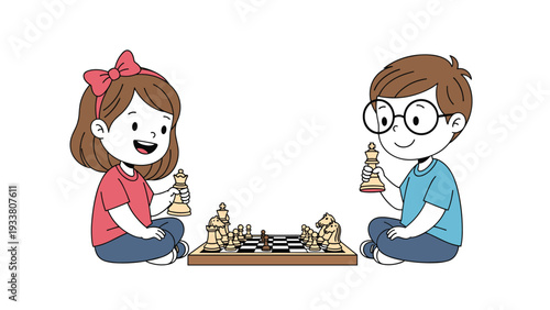 Two children sit on the floor and enjoy a friendly game of chess with various wooden pieces on a small game board.