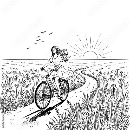 Romantic black ink drawing of a girl cycling on a country road. Scenic summer landscape with blooming meadow, rising sun, and birds in the sky, reflecting freedom and nature.