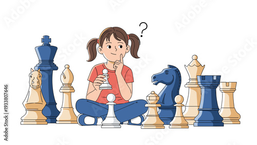 Young girl sits among many large chess pieces, resting her chin on her hand as she thinks about her next move.