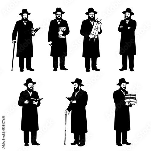 Collection of black ink silhouettes of orthodox men. Illustration featuring religious characters reading books, holding torah scrolls and walking with canes in minimalist style.