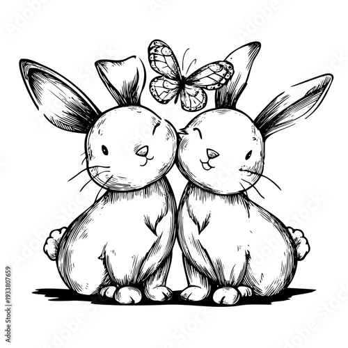 A sweet black ink drawing of two fluffy rabbits sitting together. Heartwarming illustration featuring a butterfly hovering above their heads, in a delicate sketch style.