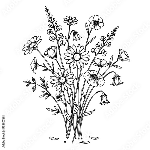 Elegant black ink drawing of a spring floral arrangement. Minimalist illustration featuring daisies, bellflowers, and wild herbs, perfect for maternal celebration and love.