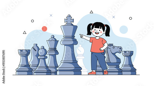 Little girl with pigtails points with excitement at a large chess king piece among other giant chess pieces in a row.