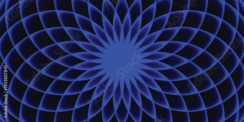 A vibrant blue abstract pattern radiates from the center of the image in a mesmerizing display of geometric shapes and lines.