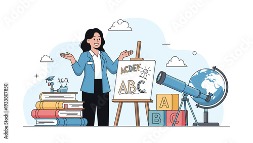 Professional female teacher presents educational materials including books, a globe, a telescope, and a whiteboard.