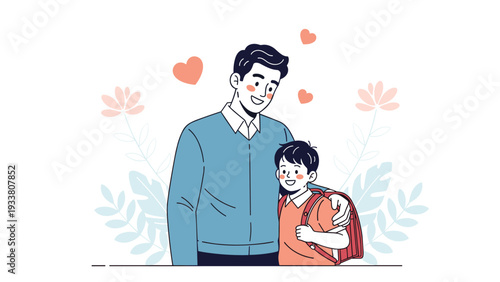Loving father hugs his young son affectionately in front of a decorative background with hearts and pastel flowers.