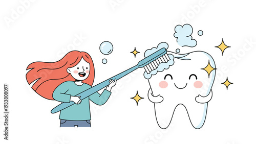 Energetic girl uses a giant toothbrush to clean a happy cartoon tooth with bubbles and sparkling stars around.