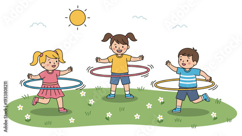 Group of three happy children play together with colorful hula hoops in a sunny green meadow filled with flowers.