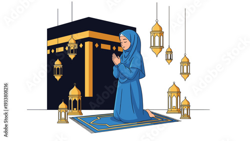 Devout Muslim woman in a blue hijab kneels in prayer on a rug with the sacred Kaaba building in the background.