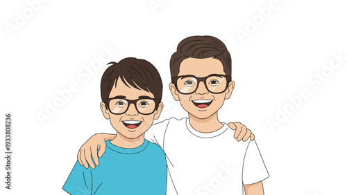 Two cheerful boys wearing glasses and blue and white shirts smile together as best friends with arms linked.