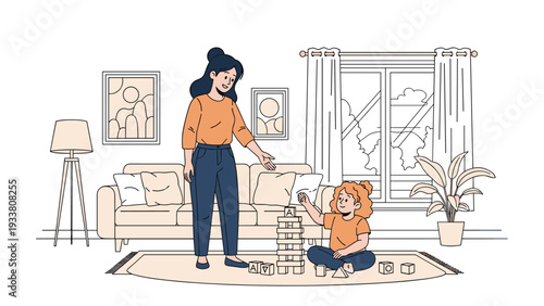 Young mother and her daughter play with a stack of wooden building blocks on a rug in their cozy living room.