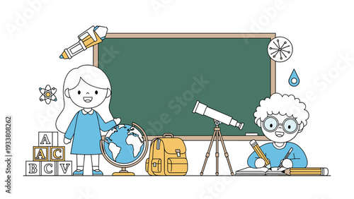 Two creative school children explore science and geography in a classroom with a chalkboard and a globe.