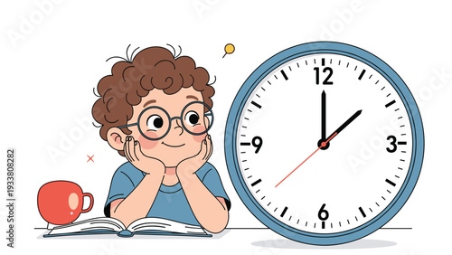 Thoughtful young boy with glasses rests his head on his hands while sitting next to a large blue wall clock.