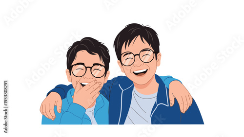 Two young boys wearing blue shirts and glasses laugh and hug each other as best friends in a joyful pose.