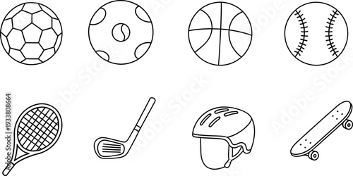 Collection of black and white line art icons representing various sports equipment and gear
