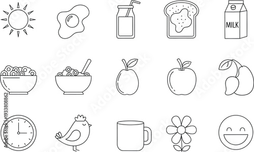 A collection of simple line art icons representing a healthy breakfast and morning routine