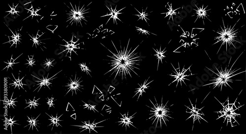 Broken Glass  Cracked Screen Texture Set: Realistic Shattered Splinters  Spiderweb Cracks Overlay on Black Background