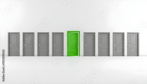 A green door stands out among a row of gray doors in a white room