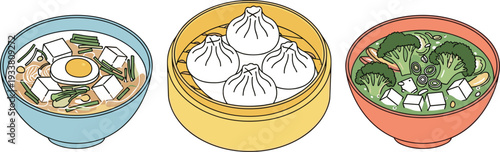 Asian food bowls set with dumplings ramen noodles egg and vegetables flat vector illustration collection
