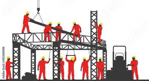 Construction workers building a metal structure with a crane and forklift.