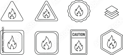 Fire Warning Badge and Safety Label Line Icon Set with Flame Symbol Caution Sign and Protective Emblem Vector Illustration