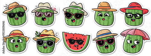 set of cute watermelons in sunglasses and summer accessories, vector illustration for icons or stickers on a white background