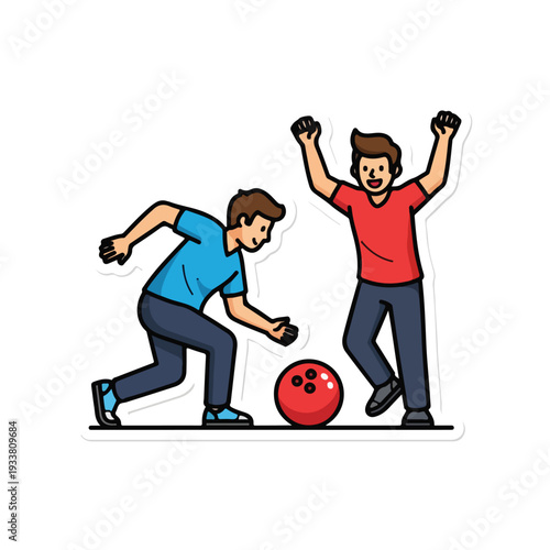 Two men celebrating a strike in a bowling alley, full of excitement and joy, with a bowling ball on the lane