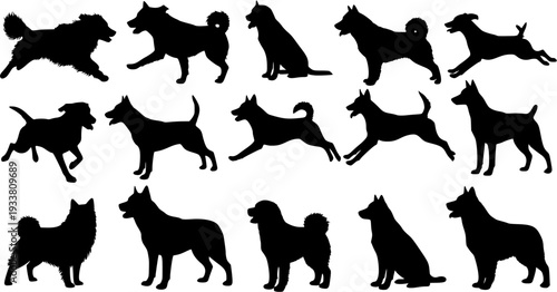 Black dog silhouettes set: diverse breeds in running, sitting, and walking poses. A comprehensive canine vector graphics collection.