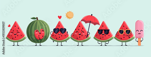 set of cute watermelons in sunglasses and summer accessories, vector illustration for icons or stickers on a white background