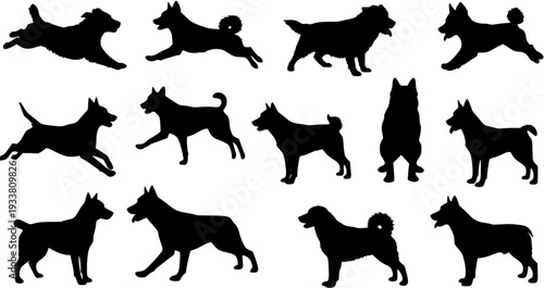 Set of Black Dog Silhouettes: Diverse Breeds and Poses Including Running, Standing, and Sitting, Isolated on White Background
